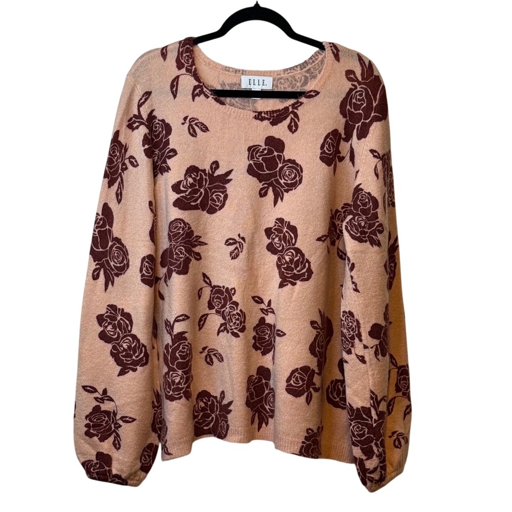 ✨ELLE Women's‎ XXL Peach Rose Print Long Sleeve Sweater Cozy Knit Pullover Top